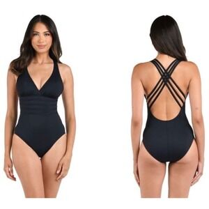 La Blanca Island Goddess Black Strappy 1pc Swimsuit 10